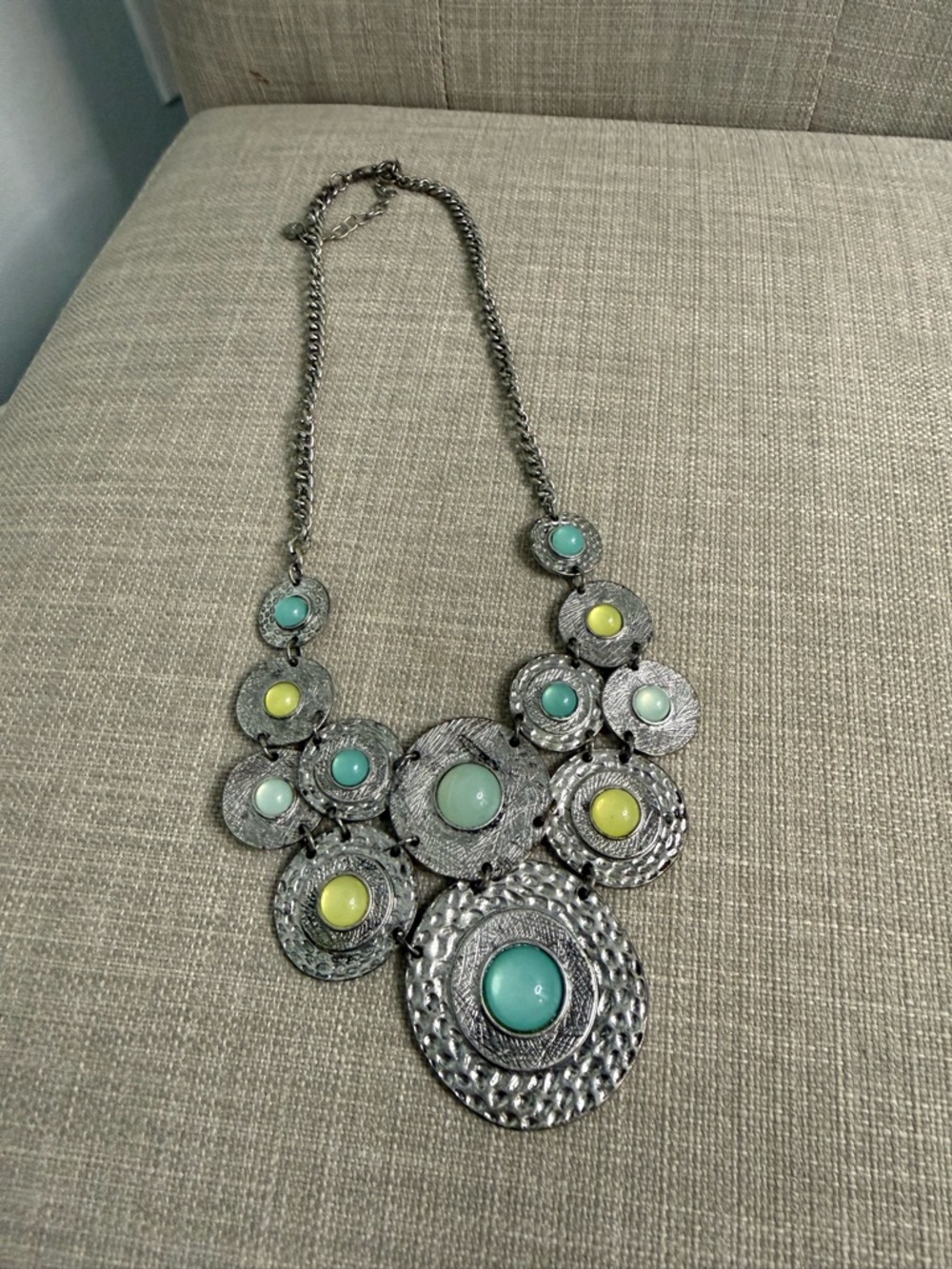 Statement Silver Necklace with Mint and Yellow Cabochons